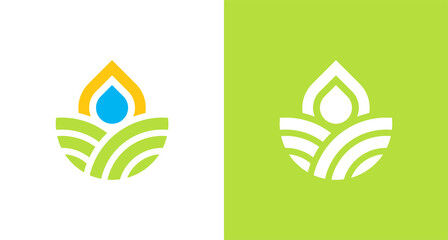 natural and organic farming land logo with water drop and sun element, simple environmental logo