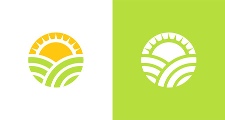 natural and organic farming land logo with sun shine element, simple environmental logo