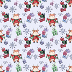 Fototapeta premium watercolor christmas pattern / gifts, snowflakes, bull for print