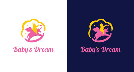 Modern and playful baby's riding a flying unicorn, cute baby adventure dream logo vector template