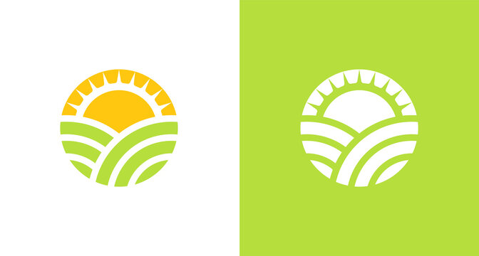 natural and organic farming land logo with sun shine element, simple environmental logo