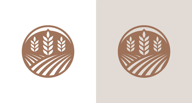 modern farming land silhouette logo, natural wheat garden logo emblem in a circle border