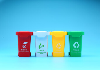 colorful trash sorting can  on blue background