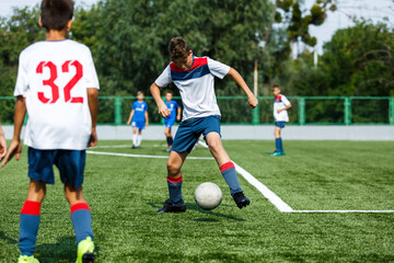 Young sport boys in blue sportswear running and kicking a  ball on pitch. Soccer youth team plays football in summer. Activities for kids, training	