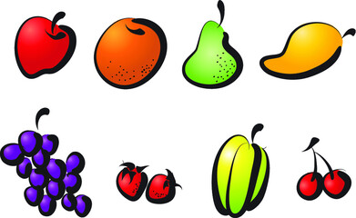 vector drawing cartoon fruits apple pear orange starfruit strawberry grapes mango  series