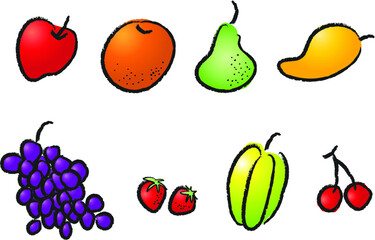 vector drawing cartoon fruits apple pear orange starfruit strawberry grapes mango  series