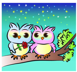 vector drawing big eye owls with rose on the tree at night
