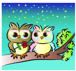 vector drawing big eye owls with rose on the tree at night