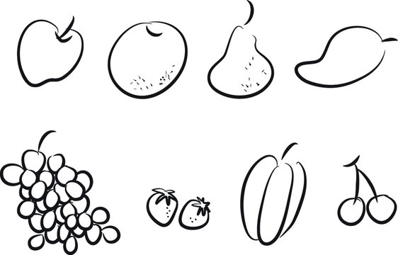 vector drawing cartoon fruits apple pear orange starfruit strawberry grapes mango  series