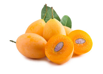 A group of sweet yellow Marian plum thai fruit on white background (Mayongchid Maprang Marian Plum...