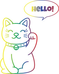 Hello. rainbow gradient line drawing of a cartoon Maneki neko 