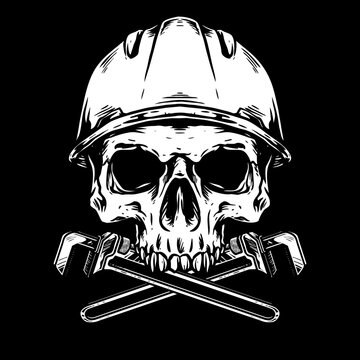 skull with wrench and safety helmet vector