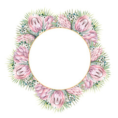 Round gold frame with protea flowers, tropical leaves, palm leaves, bouvardia flowers. Wedding bouquet in a frame for the design of a stylish invitation. Watercolour illustration.