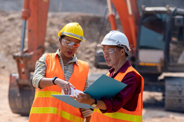 Construction engineers who take care of the progress of construction projects.Supervisors using laptop at construction site