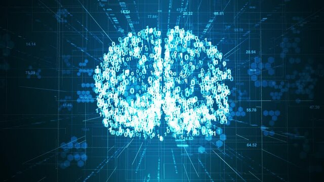 Digital network technology deep learning animation concept. Abstract coding brain hexagon grid perspective motion graphic seamless looping background.