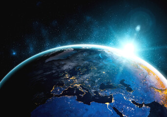 Planet earth globe view from space showing realistic earth surface and world map as in outer space...