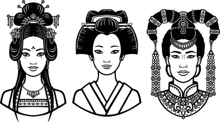 Set of realistic portraits of the young  Asian  girls with different hairstyles.  China, Japan, Mongolia. Monochrome vector illustration isolated on a white background. Print, poster, t-shirt, card. 