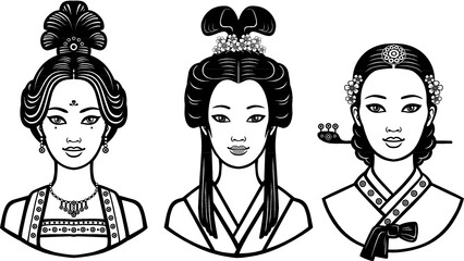 Set of realistic portraits of the young  Asian  girls with different hairstyles.  China, Japan, Korea. Monochrome vector illustration isolated on a white background. Print, poster, t-shirt, card. 