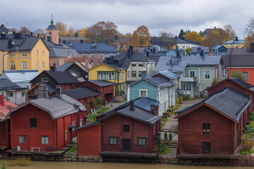 Fototapeta na wymiar Urban development of old Porvoo on a cloudy October day. Finland