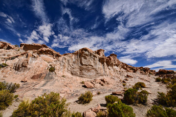 Fototapeta premium Rock formations at the magical hidden Laguna Negra Valley in the Salar de Uyuni, Bolivia