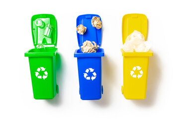 Recycling sorting. Bin container for disposal garbage waste and save environment. Yellow, green, blue dustbin for recycle plastic, paper and glass can trash isolated on white background.