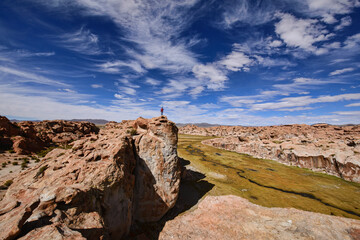 Tourist enjoying the beautiful view of the hidden Laguna Negra Valley in the Salar de Uyuni, Bolivia