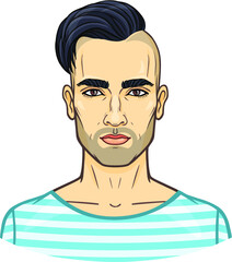 Animation portrait of the young attractive man with a stylish hairstyle. The vector illustration isolated on a white background. Print, poster, t-shirt, card.