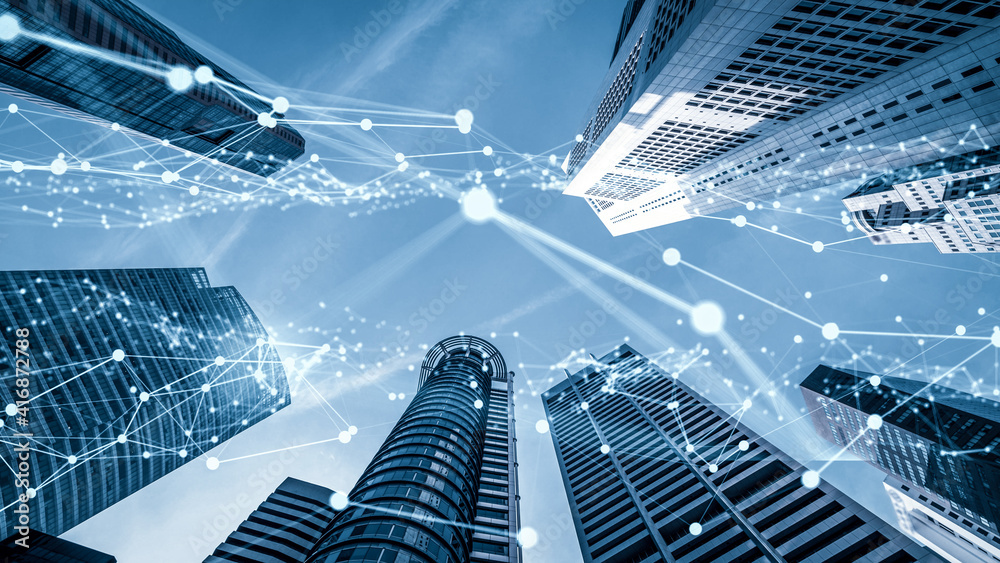 Poster imaginative visual of smart digital city with globalization abstract graphic showing connection netw