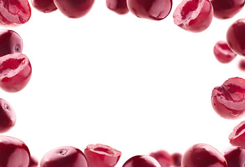 Lots of cherry in the shape of a frame. Isolated on a white background