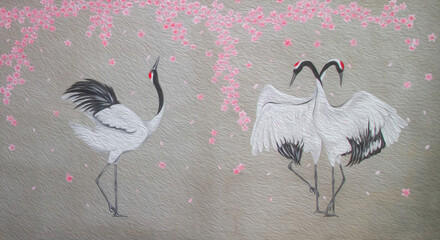 Grus cranes under sakura tree