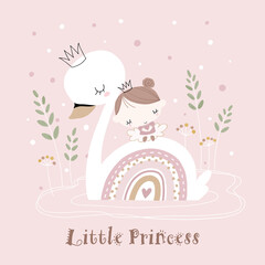 Hand drawn illustration of cute swan and little girl. Little princess on the back of white swan. For baby and kids room decoration, art print, baby shower invitation, etc. © Torico