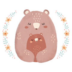 Hand drawn illustration of mom and baby bears with floral frame. A mother bear hugging a baby bear. For Mother's day, baby shower, welcome baby cards, art prints, wall decor, etc.