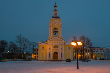 Transfiguration Cathedral on Theater Square in February twilight. Vyborg, Russia