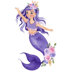 Watercolor cute mermaid with flowers composition, isolated on white background