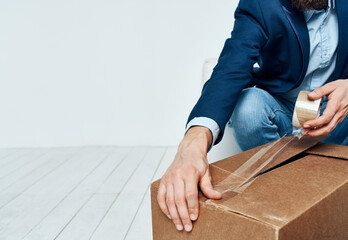 Business man pack in boxes office manager official