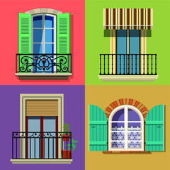 set of european windows with flowers, shutters, curtains