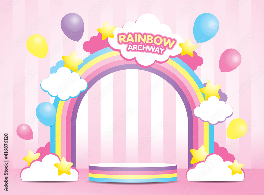 Wall mural kawaii pastel rainbow archway and rainbow striped display podium 3d illustration vector with cute cl