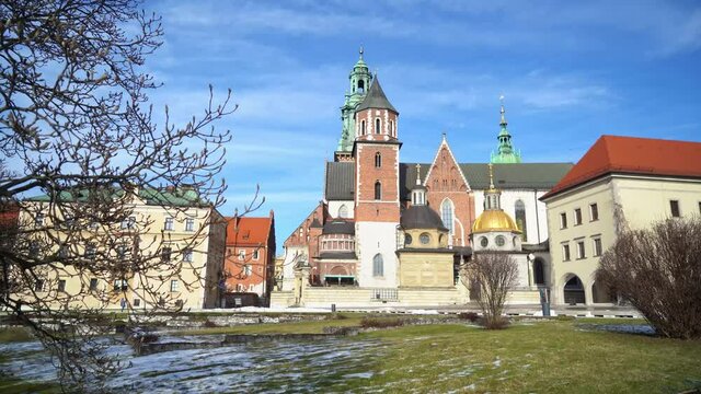 Wawel Cathedral in January. It is a Roman Catholic church and the cathedral of the Archdiocese of Krak&oacute;w. It has served as a coronation site for Polish Monarchs and kings.