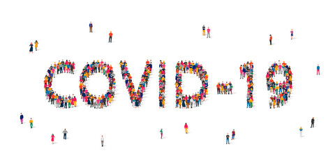 A large group of masked people stand in the word Covid-19. Concept of coronavirus infection, fight against disease, epidemic of viral disease.