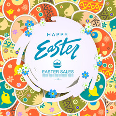 Abstract round white frame with flowers, illustration with Easter beautiful eggs and with a cute pattern