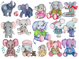 Set of cute watercolor cartoon animals, elephants.  Watercolor hand drawn illustrations, isolated on white background.
