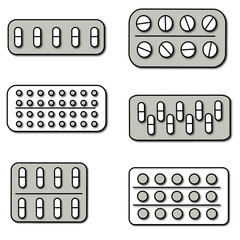 Classic top view of tablets, Set of tablet icons and blisters, Flat Style, Tablets and Capsules