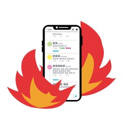 SNS, Twitter で炎上するスマートフォン　カットイラスト