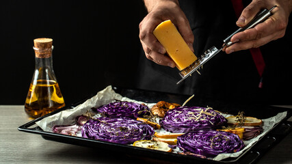 Traditional German dish of red cabbage baked with nuts, quince and apples, chef cooking autumn dish of red cabbage baked