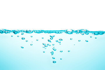 Bubbles floating in turquoise water on a white background