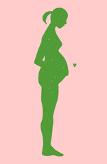 ポニーテールの妊婦のヌードシルエット・緑・手描きテクスチャ・まっすぐ立ちポーズ
silhouette of a pregnant woman with pony-tail, nude, green  texture, posing, standing straight.
