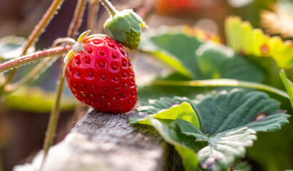 Red strawberry berry in the vegetable garden.