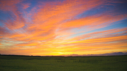 Colorful sky over green fields; beautiful sunset