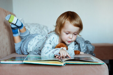 Cute little boy with enthusiasm reads the book. The child likes to read.