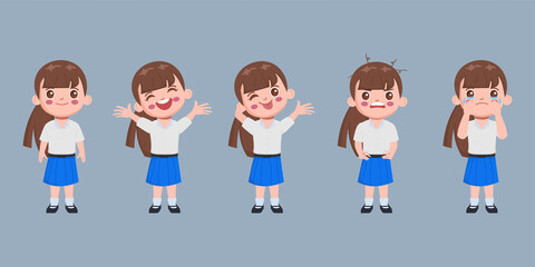 Bangkok Thailand student uniform. Cute girl Animation hand drawn cartoon vector.
